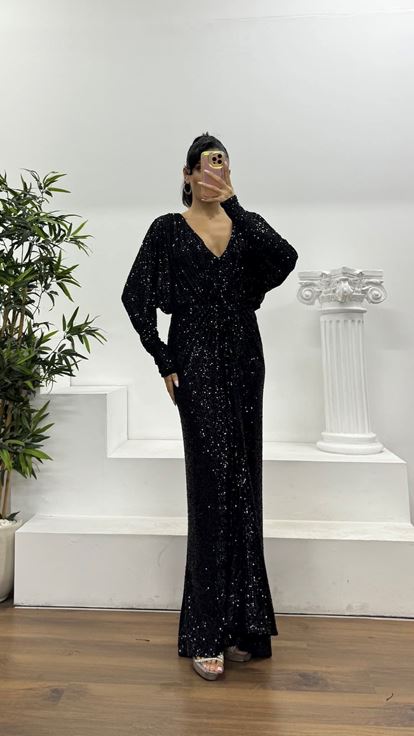 Siyah Pul Payet V Yaka Özel Tasarım Abiye Elbise